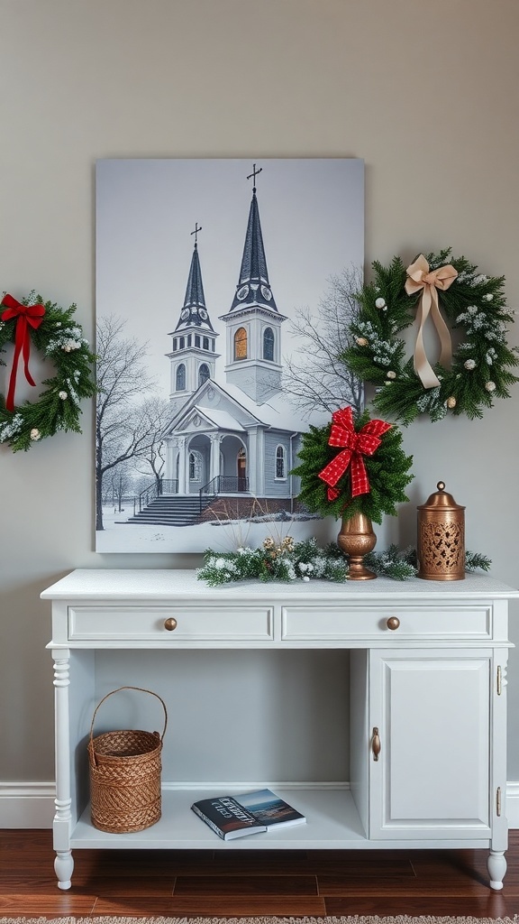 A snowy church scene displayed on a white console table, surrounded by festive wreaths and holiday decorations.