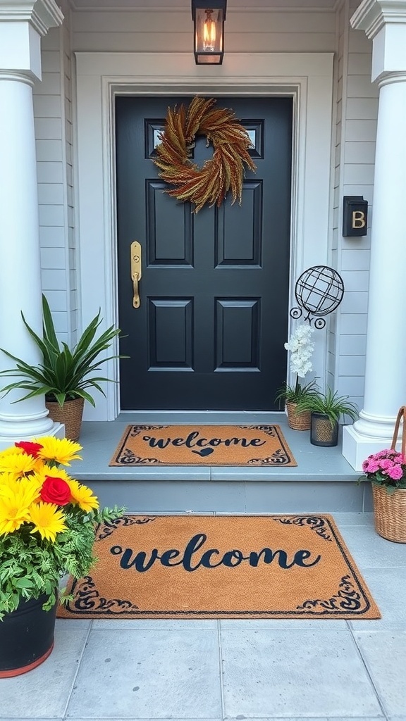 Two welcome mats at an entryway with flowers and a wreath on the door.