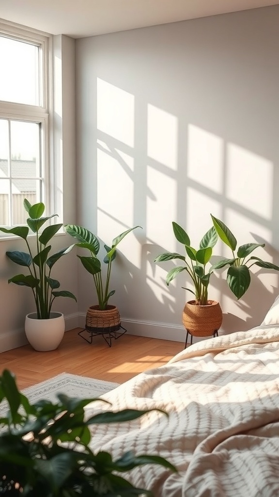 A cozy bedroom corner with plants and soft lighting, creating a serene atmosphere.