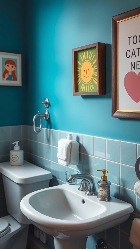 A bright and playful bathroom featuring blue walls, quirky artwork, and stylish accessories.