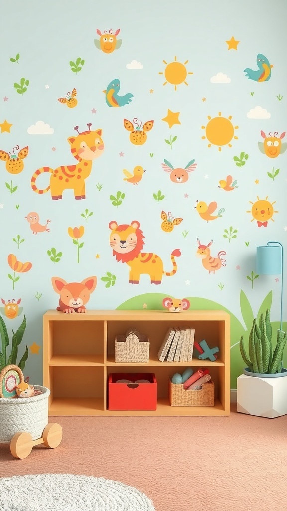 Colorful wall art featuring whimsical animals in a kids room
