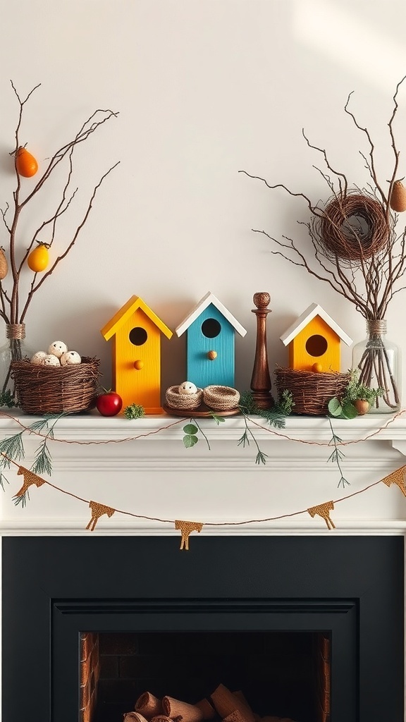 Colorful birdhouses and nests on a mantel decorated for spring