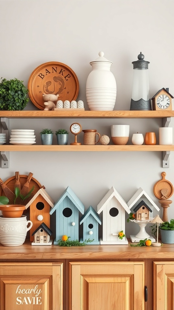 A collection of whimsical birdhouses displayed on kitchen shelves, surrounded by various kitchen items.