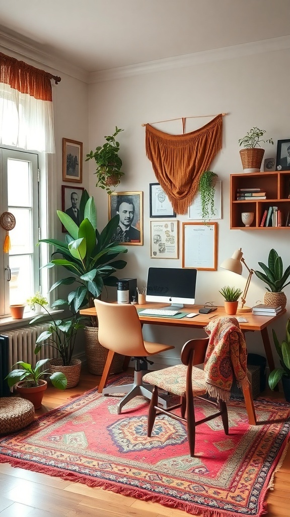 A cozy home office with bohemian decor, featuring plants, a wooden desk, and colorful textiles.