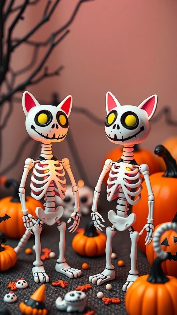 Two whimsical cartoon-style skeleton cats with bright eyes, surrounded by pumpkins and Halloween decorations.