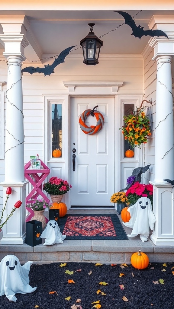 A whimsical Halloween porch decorated with friendly ghost figures, colorful pumpkins, and vibrant flowers.