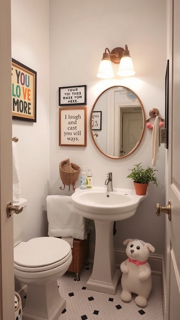 A whimsical powder room featuring framed quotes, a round mirror, a small plant, and a stuffed animal.