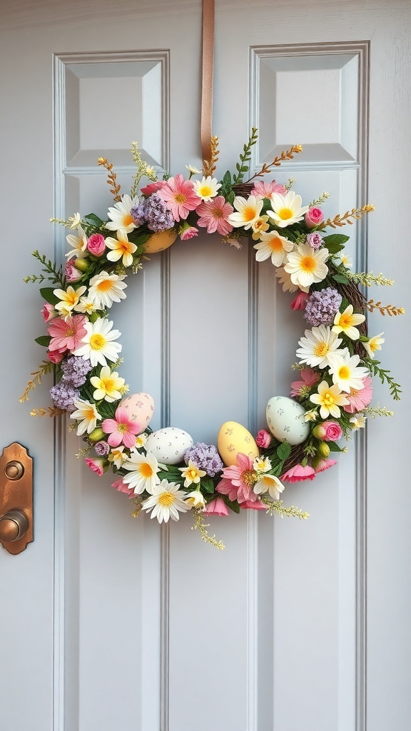 A colorful floral wreath with daisies, pink flowers, and pastel Easter eggs, hanging on a door.
