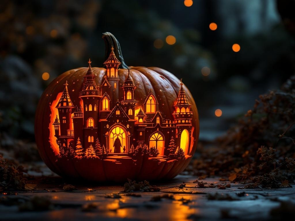 A beautifully carved pumpkin featuring a whimsical fairy tale castle design, glowing warmly in the dark.