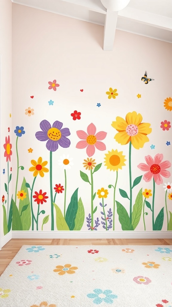 A colorful mural of flowers on a bedroom wall with a playful design.
