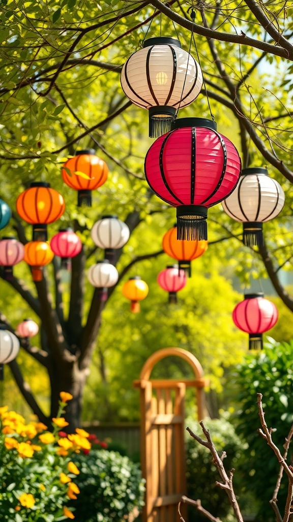 Colorful garden lanterns hanging from tree branches in a vibrant garden setting