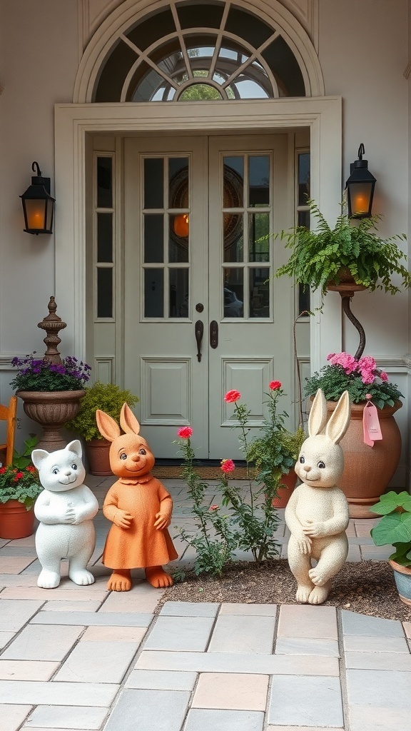 A whimsical scene featuring a white cat and two bunnies as garden statues, surrounded by colorful flowers at a home entrance.
