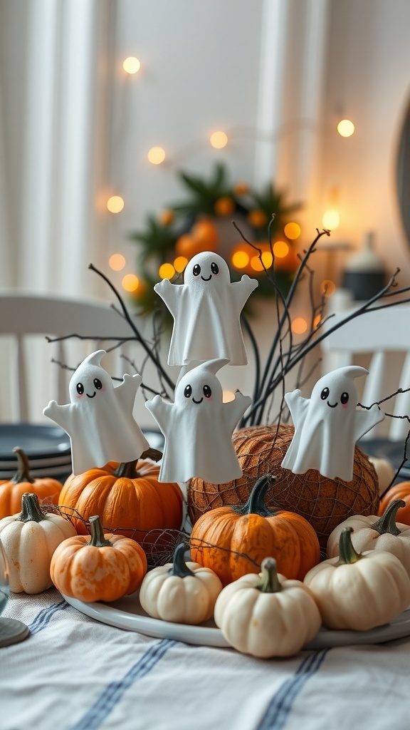 A Halloween centerpiece featuring cute ghost figurines and pumpkins.