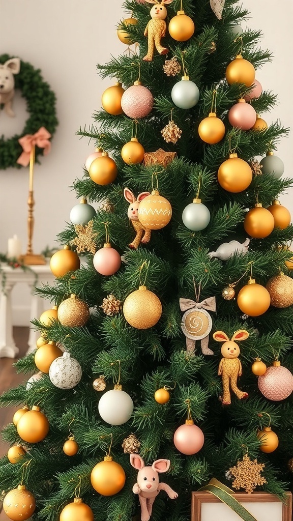 A Christmas tree decorated with gold and pastel ornaments, featuring playful animal figures and a cozy holiday atmosphere.