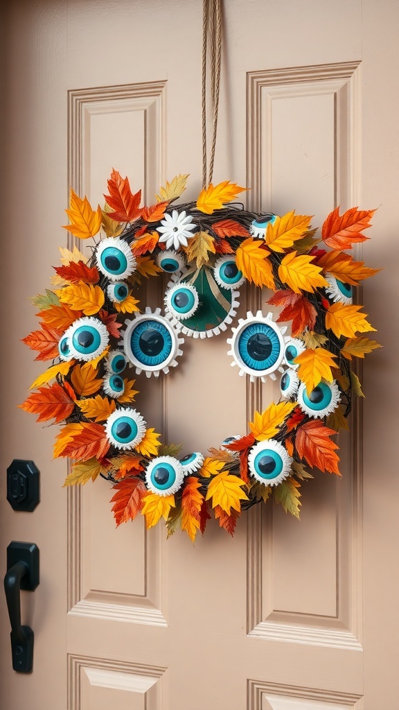 Whimsical Halloween wreath with colorful leaves and eyeball accents
