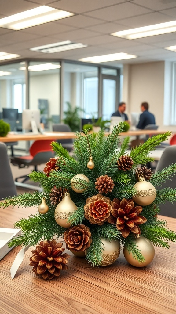 A festive holiday centerpiece featuring pinecones and ornaments on a wooden desk in an office setting.