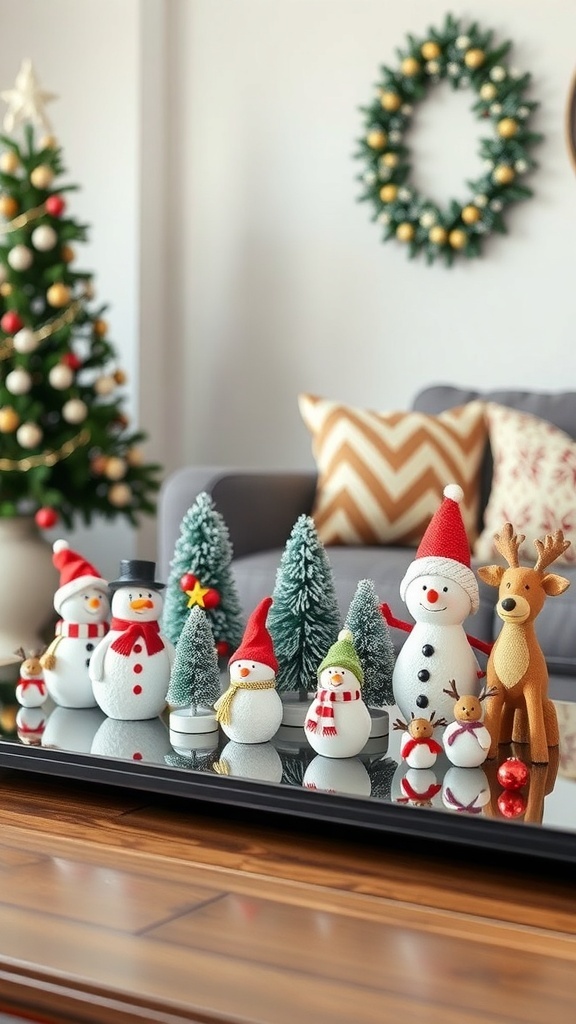 A collection of whimsical holiday figurines on a coffee table, featuring snowmen, a reindeer, and Christmas trees.