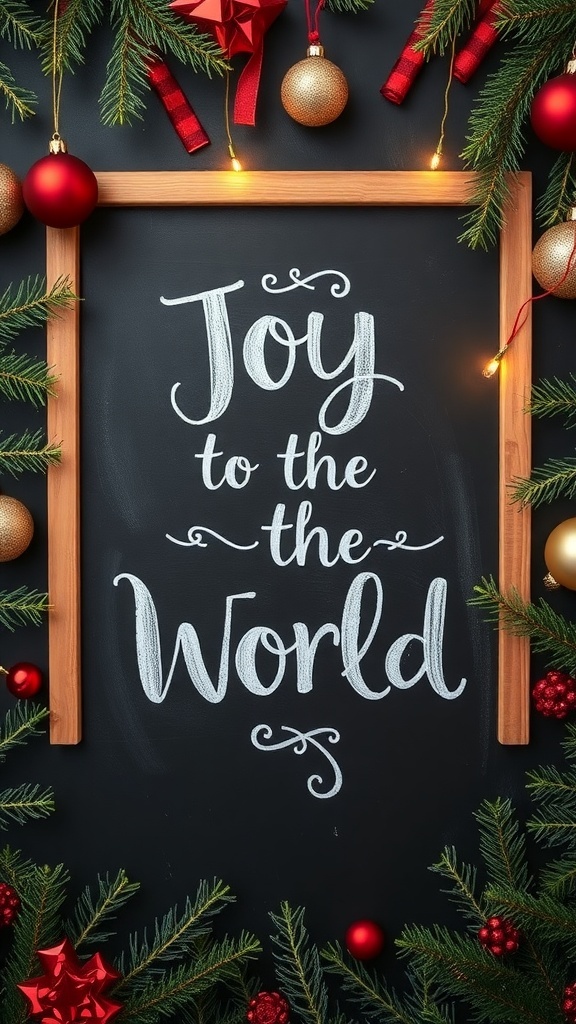 Chalkboard with the quote 'Joy to the World' framed by festive decorations including ornaments and greenery.