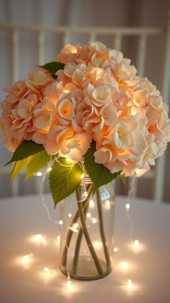 A centerpiece featuring peach hydrangeas and fairy lights in a glass vase.