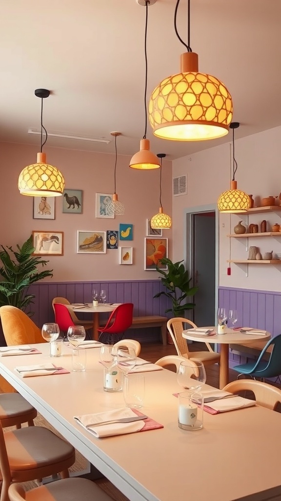 A cozy dining area with whimsical pendant lighting and colorful chairs.