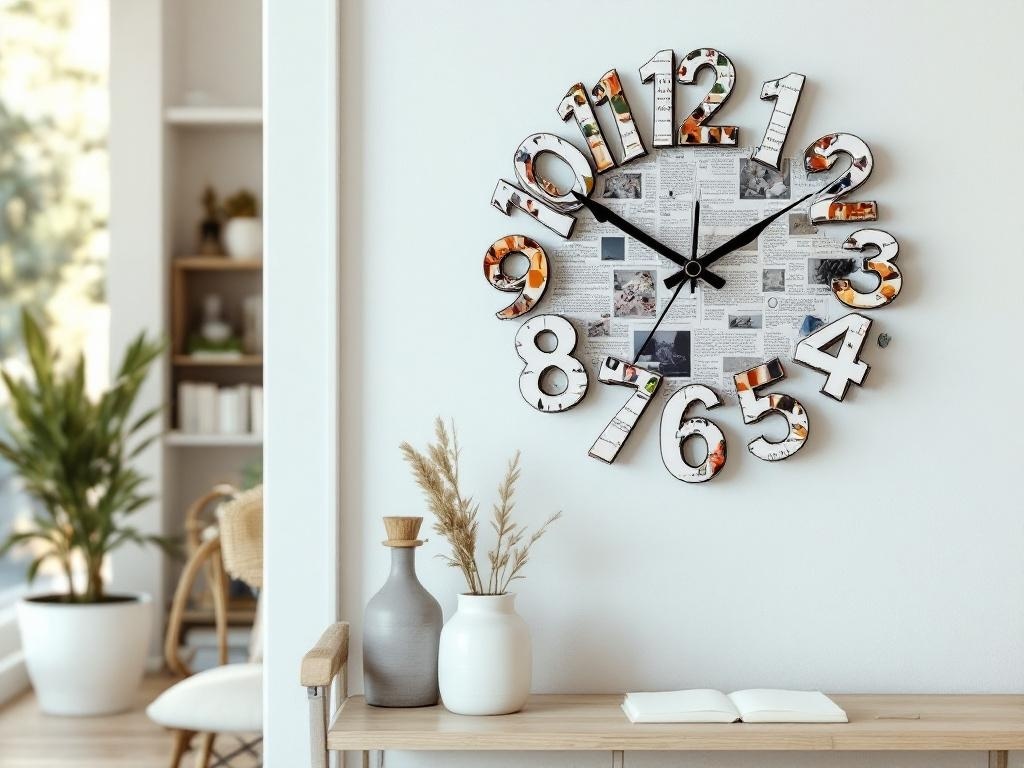 A wall clock made from magazine cutouts, featuring colorful numbers and a collage background.