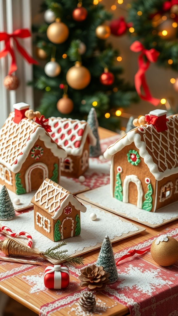 A festive display of paper gingerbread houses on a table, surrounded by holiday decorations.