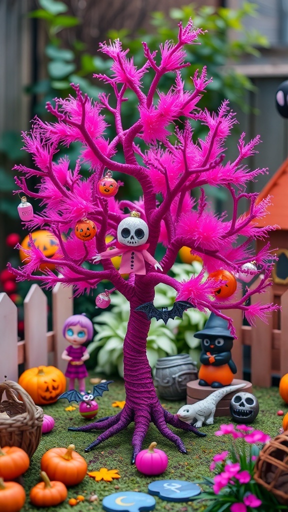 A vibrant pink Halloween tree decorated with skulls, pumpkins, and playful figures, surrounded by cheerful decorations.