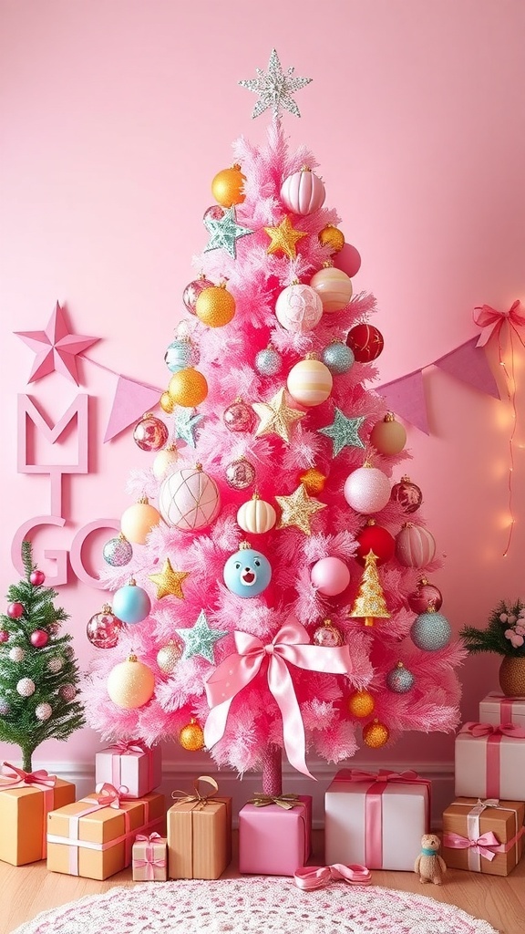 A whimsical pink Christmas tree decorated with colorful ornaments and gifts underneath.
