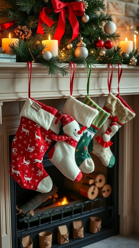 A festive display of colorful Christmas stockings hanging by a fireplace, adorned with greenery and candles.