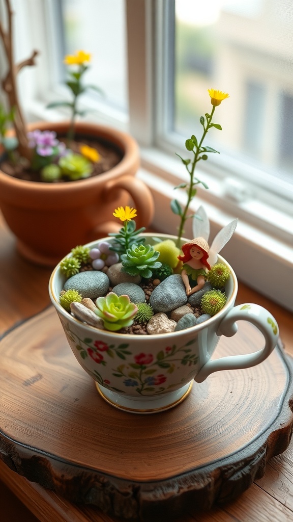 A whimsical teacup fairy garden with succulents, stones, and a fairy figure, set on a wooden surface.