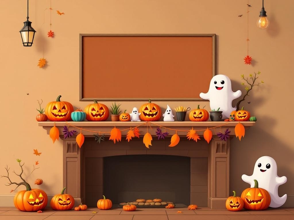 A playful Halloween fireplace mantel decorated with pumpkins, friendly ghosts, and colorful leaves.