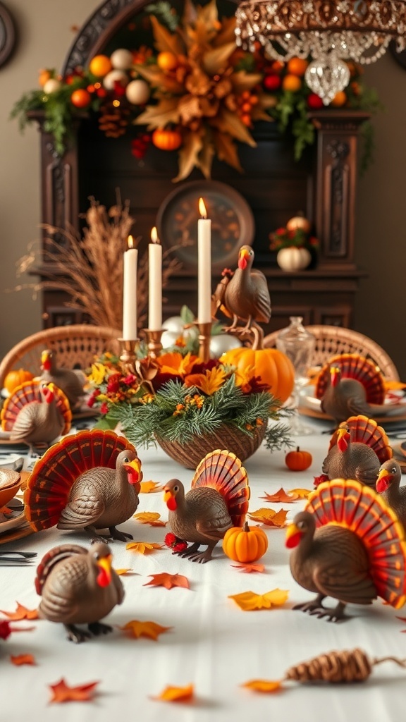 A Thanksgiving table decorated with whimsical turkey figurines, autumn leaves, and pumpkins.