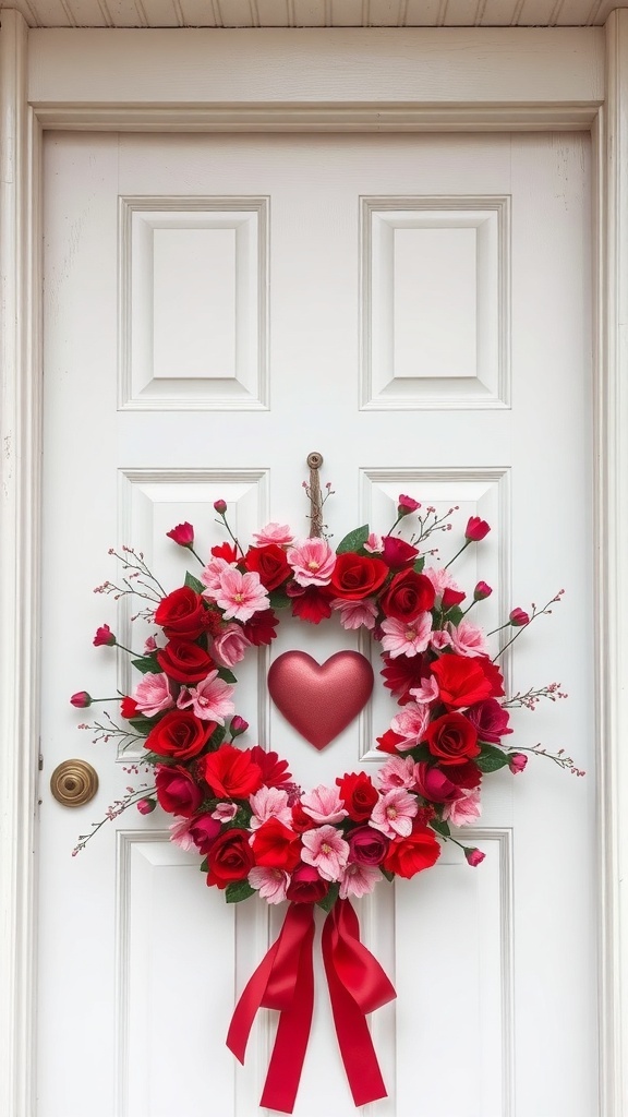 A whimsical Valentine's Day wreath featuring red and pink flowers, a heart in the center, and ribbons, hanging on a white door.