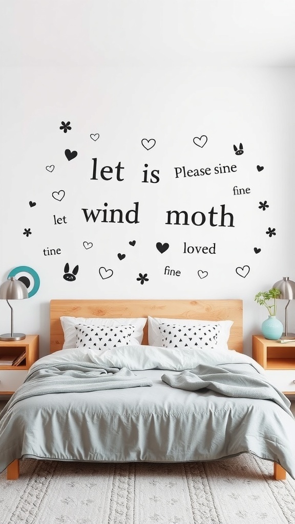 Whimsical wall decals above a bed with playful words and illustrations.