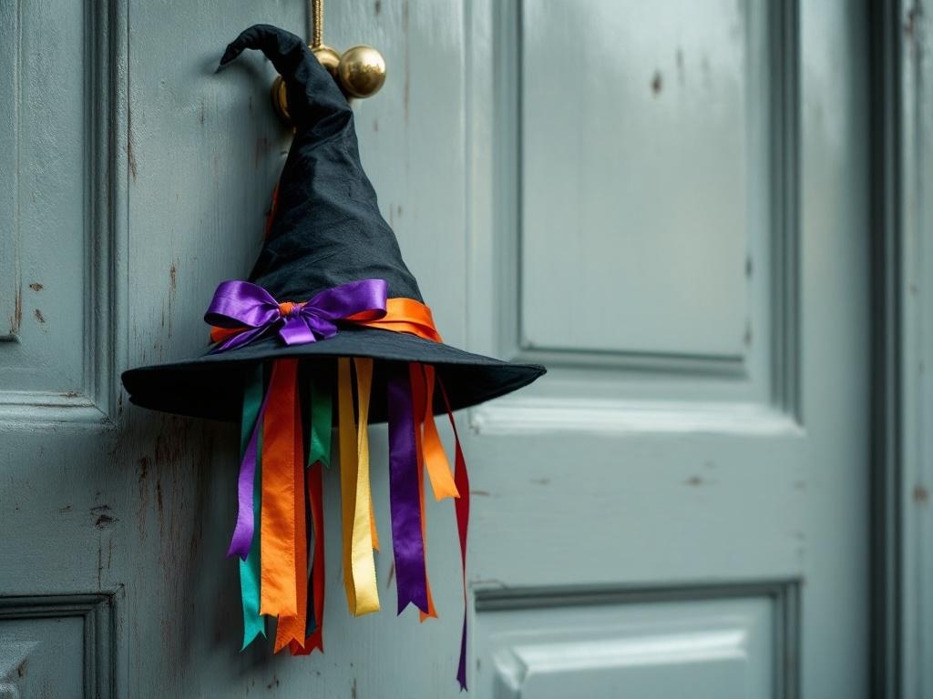 A whimsical black witch hat door hanger with colorful ribbons, hanging on a light blue door.
