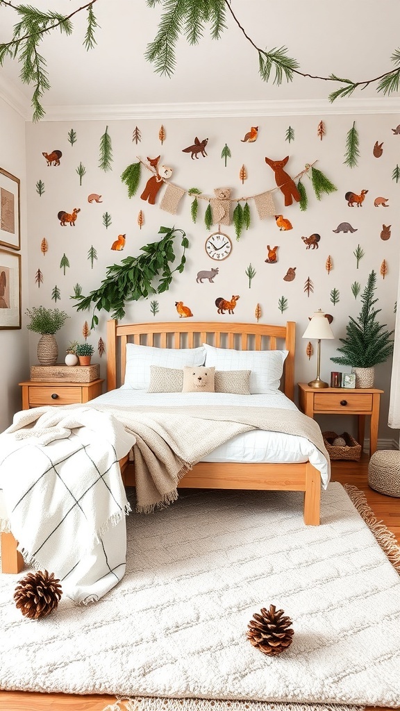 A cozy bedroom decorated in a whimsical woodland theme with animal illustrations, natural elements, and soft textures.