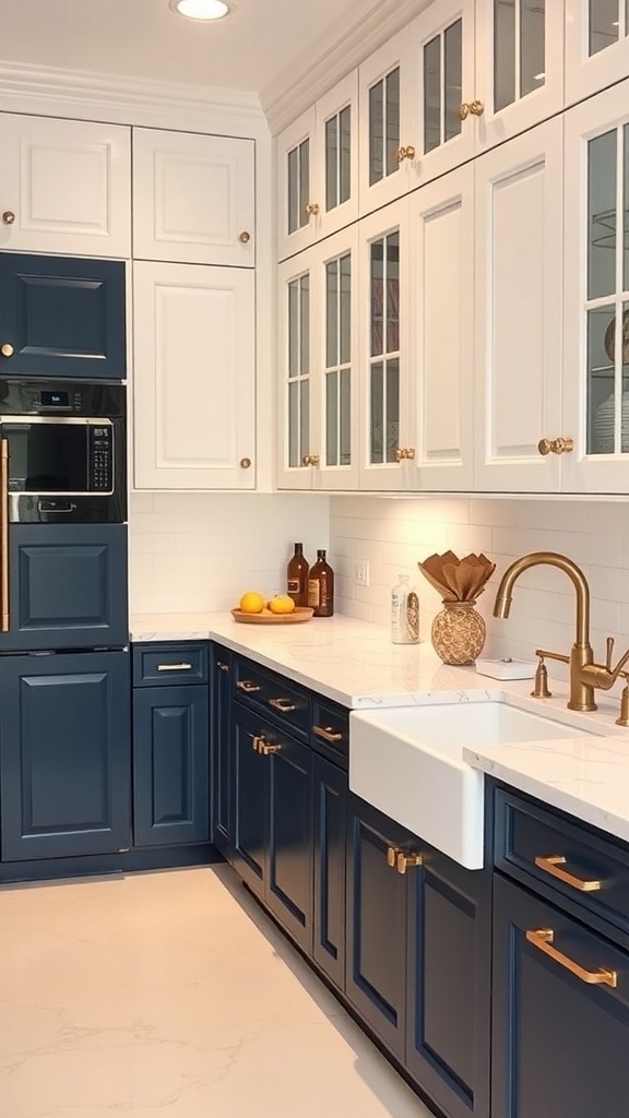 A kitchen featuring white upper cabinets and navy blue lower cabinets with brass hardware and marble countertops.