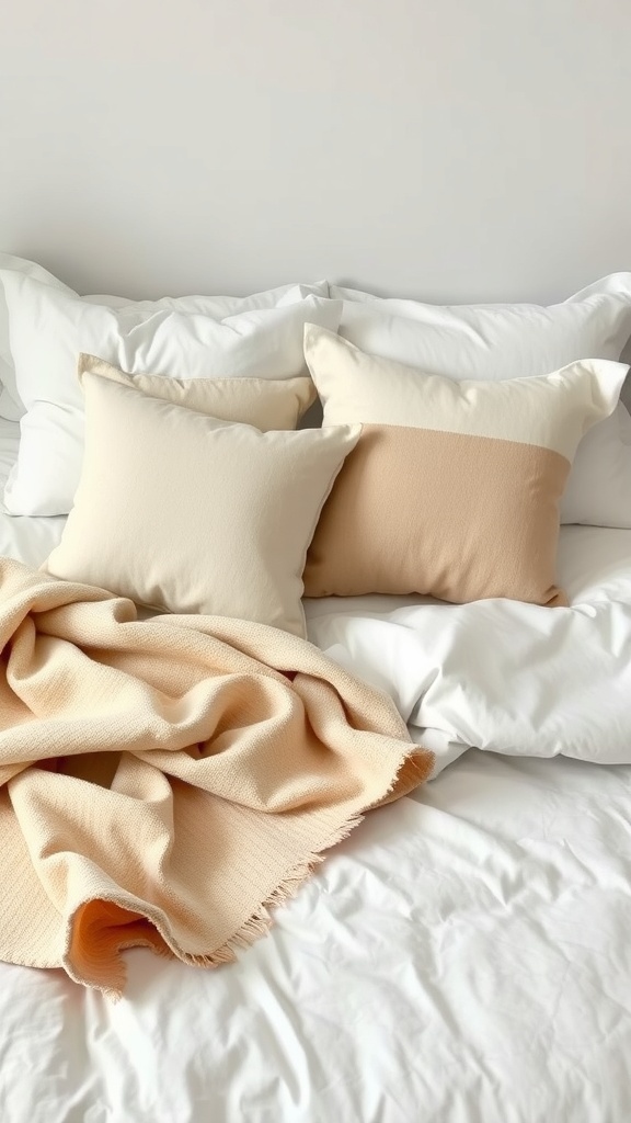A cozy bed with white bedding and beige throw pillows and blanket