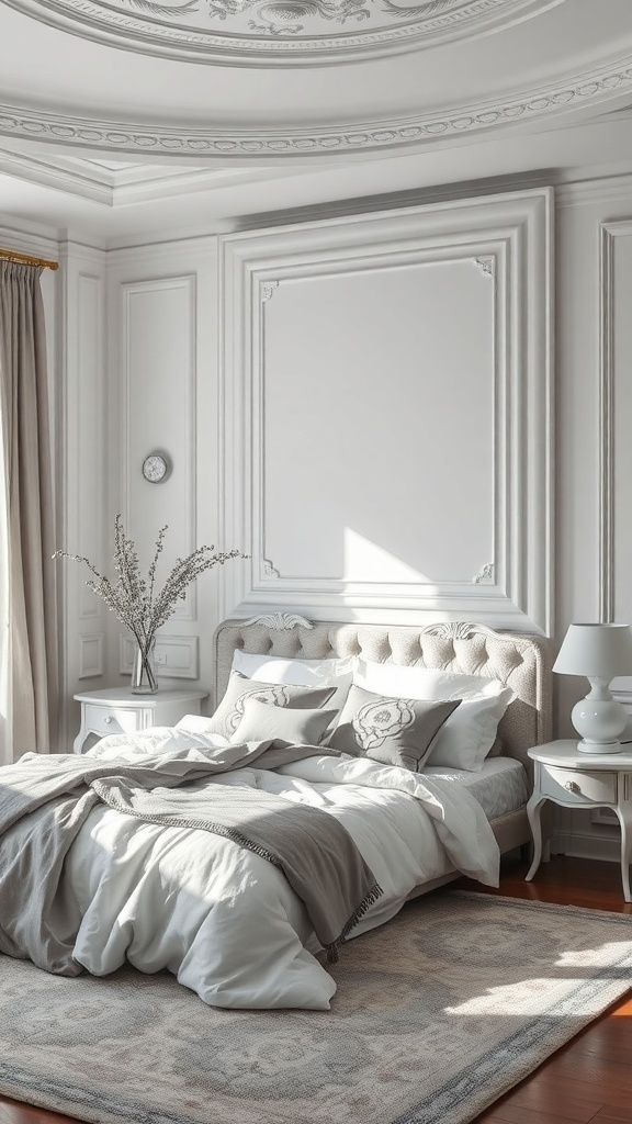 A cozy bedroom featuring soft white walls, a tufted headboard, and elegant decor.