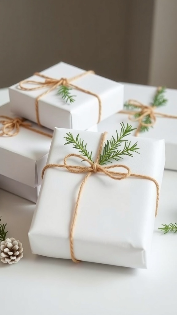 Elegant white gift wrapping station with gifts wrapped in white paper and tied with twine and greenery.