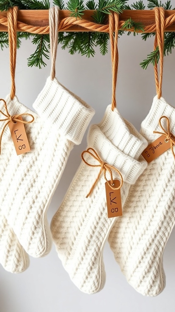 White knitted stockings with tags hanging on a wooden rack, surrounded by greenery.
