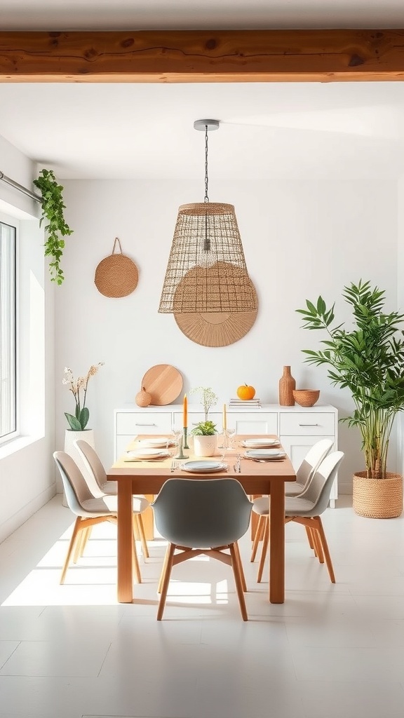 A modern farmhouse dining room with white walls, a wooden table, and natural accents.