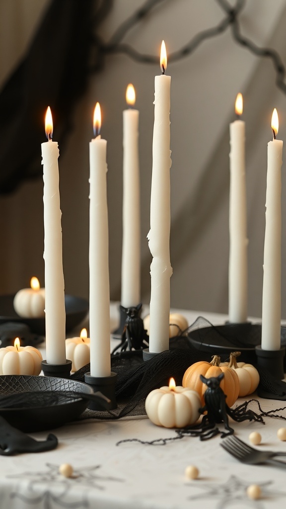 White wax ghost taper candles on a Halloween-themed table with pumpkins and black decor.