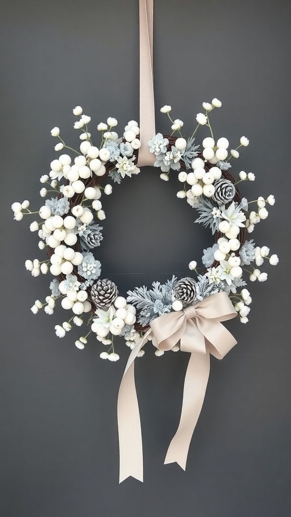 A white wreath decorated with white berries, frosted pinecones, and eucalyptus, tied with a cream ribbon.