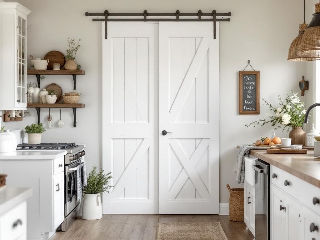 A whitewashed barn door in a modern kitchen with natural wood accents and bright decor.