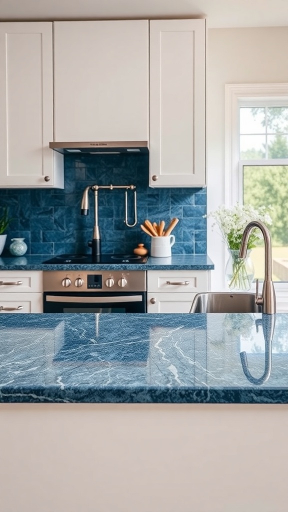 A modern kitchen featuring blue granite countertops, light cabinetry, and a stylish backsplash.