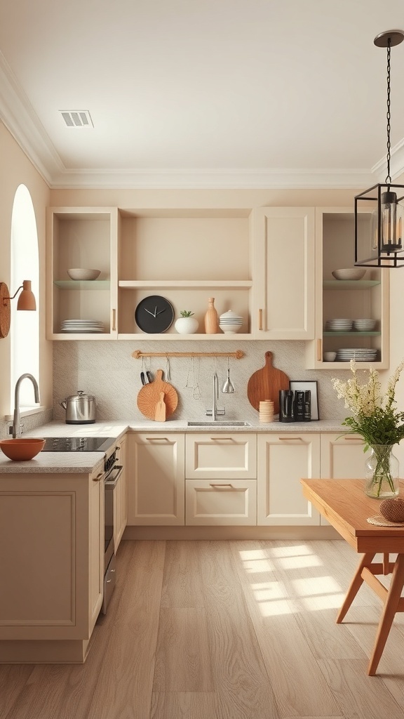 A stylish cashmere kitchen featuring light beige-gray cabinets, natural wood accents, and open shelving.
