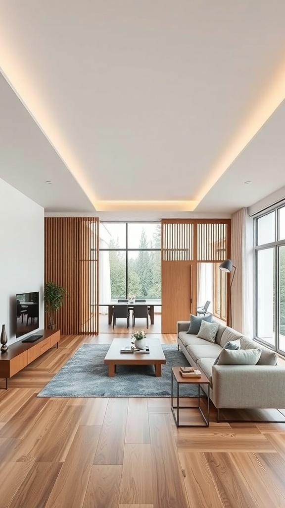 Modern living room with wooden slat partitions and stylish furniture.