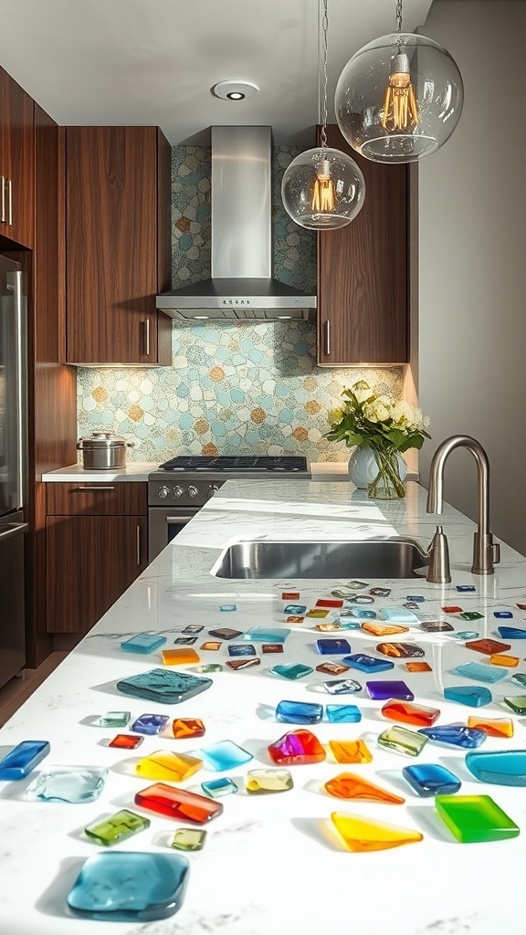 A kitchen countertop featuring colorful recycled glass pieces, showcasing a vibrant and eco-friendly design.