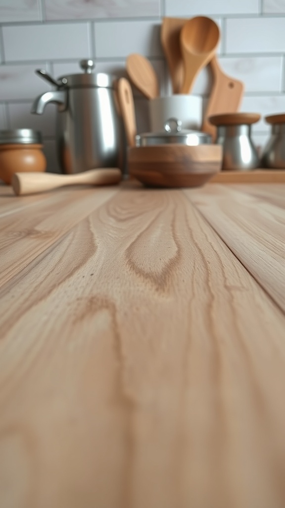 A close-up view of a light oak kitchen countertop with wooden utensils and metal cookware in the background.
